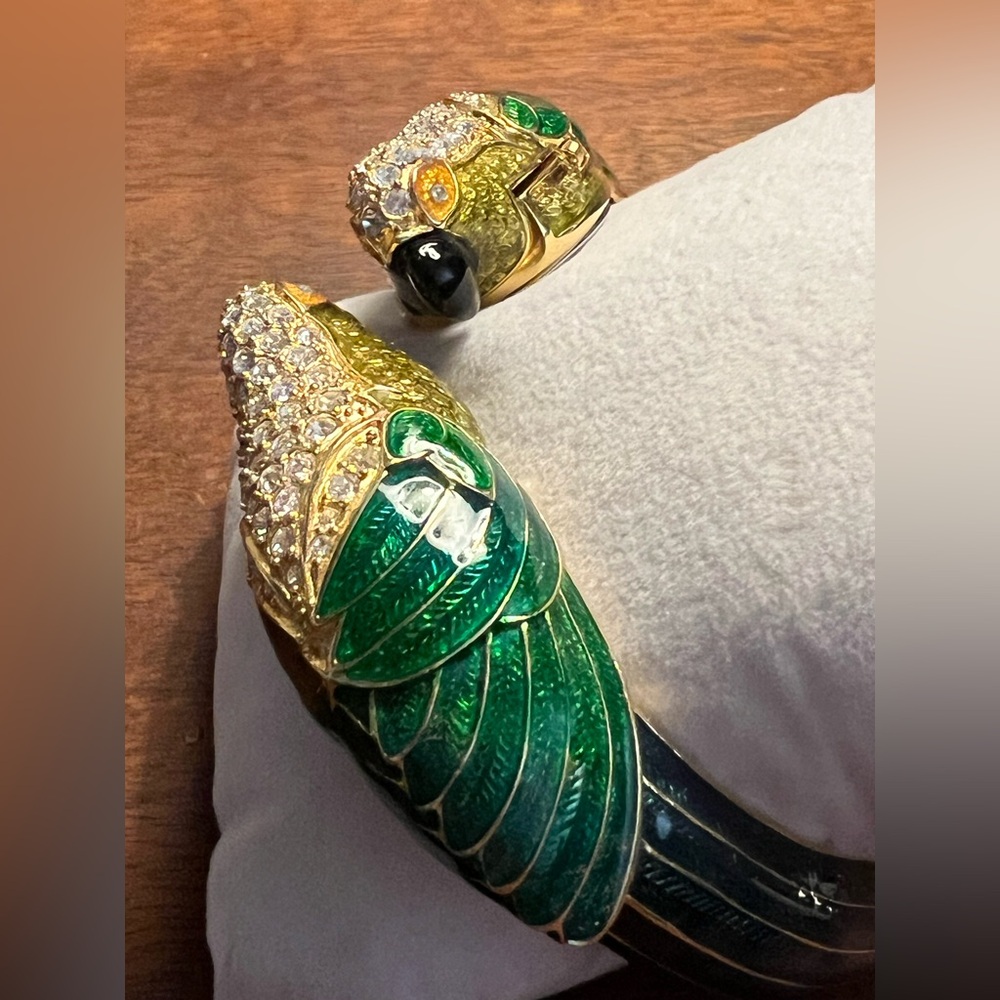 Nolan Miller Double Parrot Rhinestone Green Enamel Bracelet Secret Watch